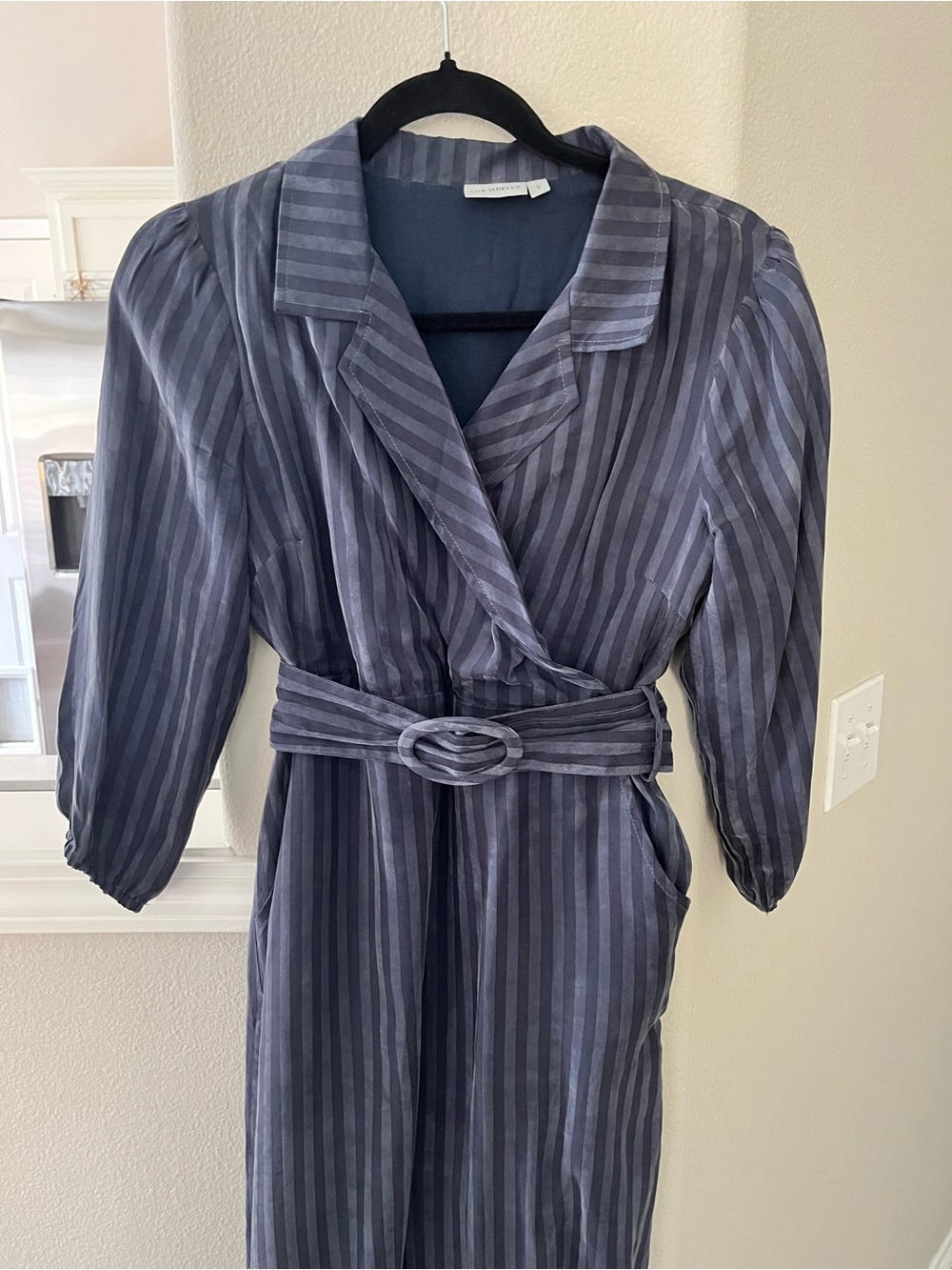 Anthropologie Navy and Black Striped Wrap Dress with Belt - Picture 3 of 4
